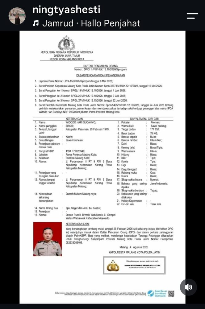 
					Kapolresta Malang telah menerbitan surat Daftar Pencarian Orang (DPO) terhadap Ipda Wibowo Hari Sucahyo. Foto: instagram@ninghesti