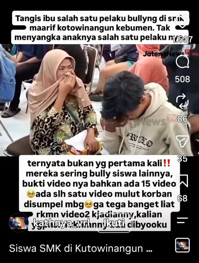 
					Ibu tersangka pelaku membesuk anaknya di pllrek Kebumen, dalam perkara penganiayaan sesama pekajar motif cemburu. Foto: ist