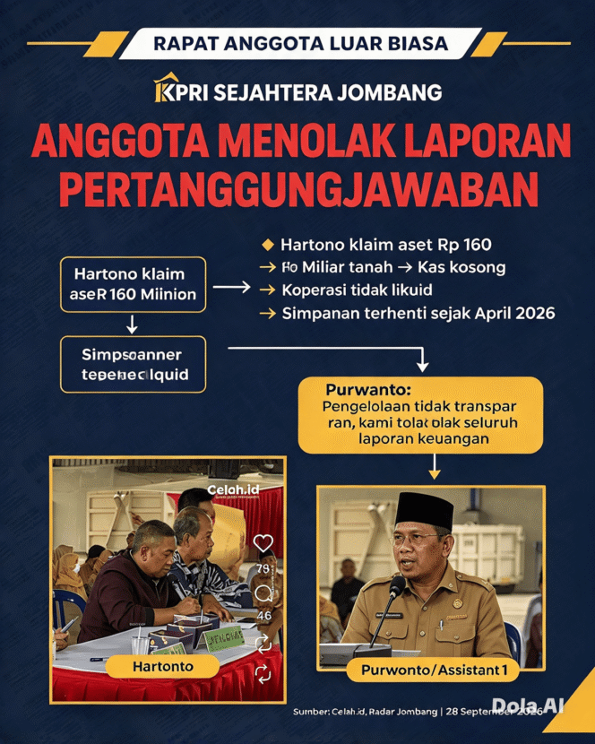 
					Suasana rapat anggota luar biasa KPRI Sejahtera Jombang berjalan panas, anggota menolak laporan pertanggungjawan ketua Kopetasi, Senin, 28 September 2026. Grafis: ist