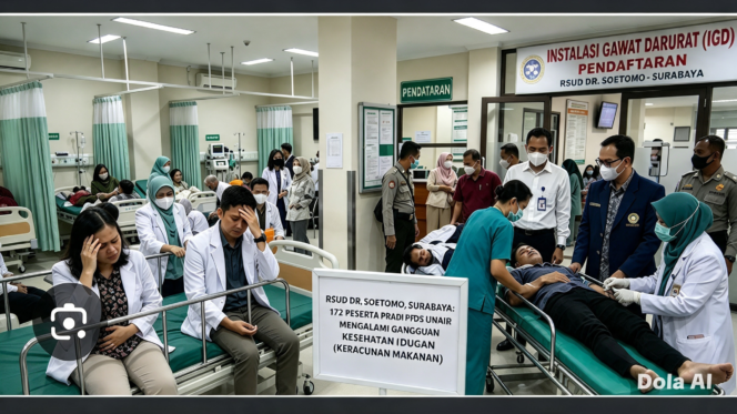 
					Bukan cuma 43.000 siswa siswi PAUD, SD, SMP, SMA yang keracunan MBG, tetapi kasus ini juga menimpa 172 dokter PPDS di RSUD Dr Soetomo, Surabaya, mereja menderita keracunan tetapi bukan karena makan makanan MBG, Senin, 28 September 2026. Foto: victory nerws