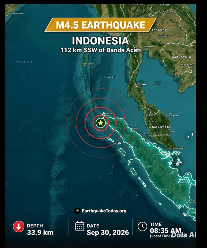 
					Terjadi gempa di Aceh barat daya, Rabu pagi, 30 September 2026, berkekuatan magnetudo 4.5. Foto: earthquake.today.org