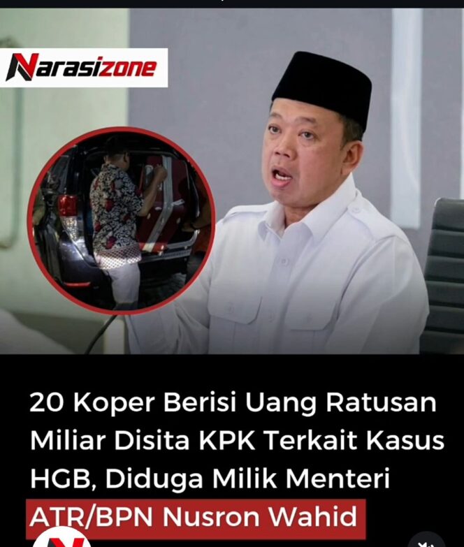 
					Beredar dugaan di medsos bahwa 20 koper berisi ruoiah dan valas yabg disita KPK disebut di medsos milik Mentri ATR/BTN Nusron Wahid. Foto: instagram@narasizonecom