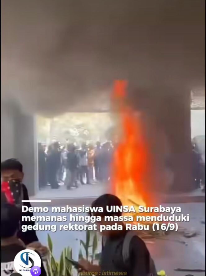 
					Ratusan mahasiswa UINSA mendatangi kantor rektorat, melakukan aksi protes pelantikan Rektor untuk periode II, Rabu, 16 September 2026. Foto: instagram@iki.suroboyo