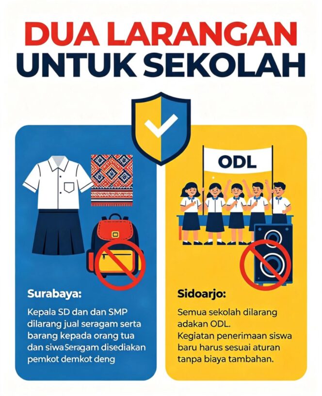 
					Surabaya dan Sidoarjo bersikap agar sekola melalui komite atau cara lain jualan seragam dan juga dilarang menyelenggarakan ODL. Foto: grafis/ilustrasi