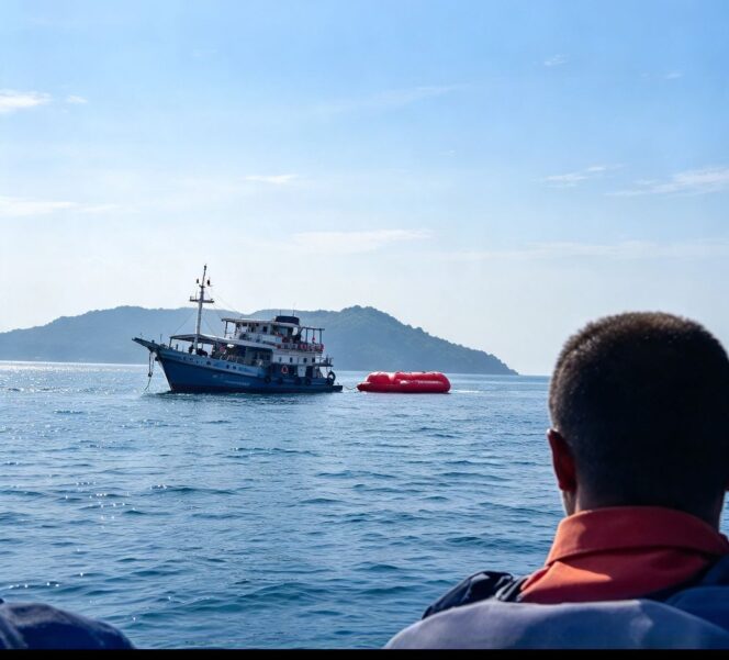 
					Tim SAR Labuhan Bajo menujun ke lokasi tenggelamnya kapal wisata KM Feronia, seputar Pantai Labuhan Bajo, Selasa siang, 13 Oktober 20w6. Foto: ist