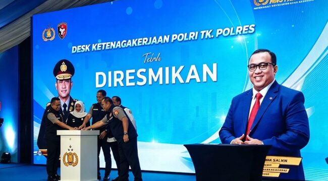 Kapolri Jenderal Suyudi Ario Seto resmikam Desk Ketenagakerjaan, untuk menyelesaikan sengeketa buruh dan pengusaha dengan target 7-8 hari kerja. Peresmian dilakssanakan di mapolres Jombang, Sabtu 17 Oktober 2026. Foto: ist