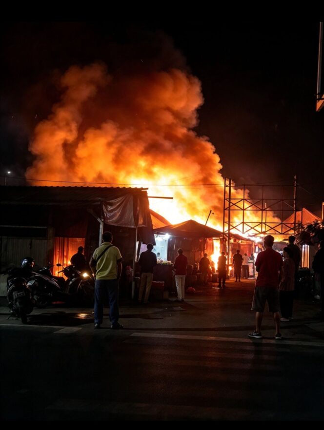 
					Insiden kebakaran menimpa Pasar Cukir, Diwek, Jombang, Rabu malam 21 Oktober 2026. Sebanyak 54 kios kebanyakan berjualan pakaian lufes. Foto: ist